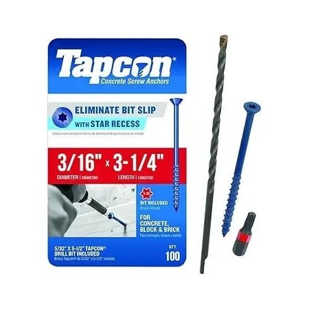 Tapcon 3/16-inch x 3-1/4-inch Climaseal Blue Flat Head T25 Concrete Screw Anchors w/Drill Bit, 100PK 3160T25